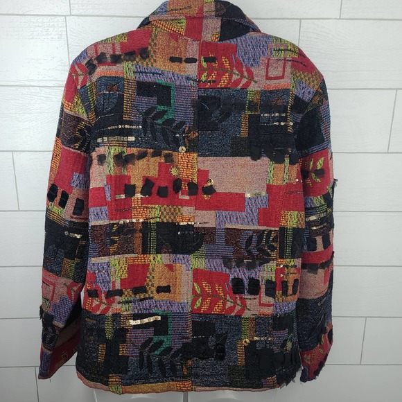 Chicos Jacket Tapestry Embellished Red Black Orange 2 Large Art to Wear Pockets - Picture 4 of 13